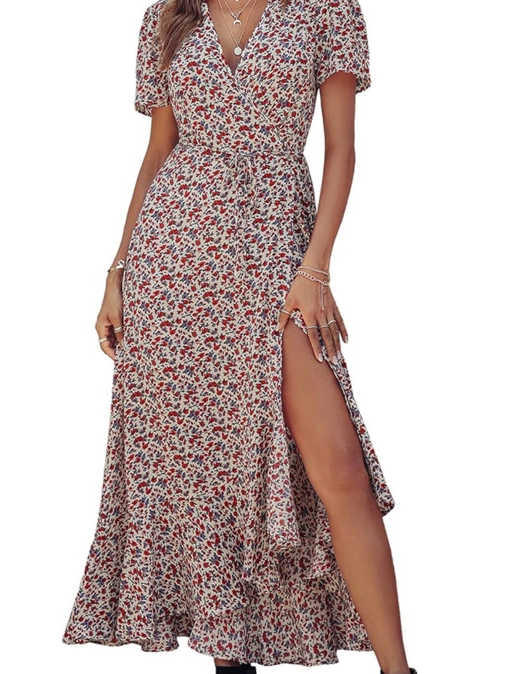 Floral Wrap Maxi Dress Slit - Cream/Red/Blue/ touch of light pink and green